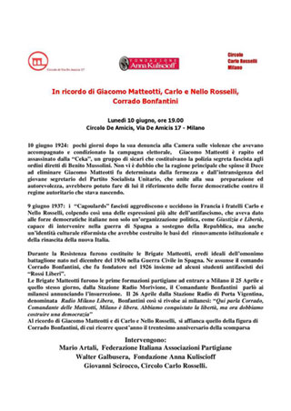 In ricordo di Giacono Matteotti, Carlo e Nello Rosselli, Corrado Bonfantini